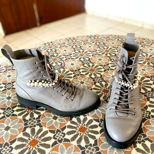 Grey Leather Combat Boots with Crystal Detail